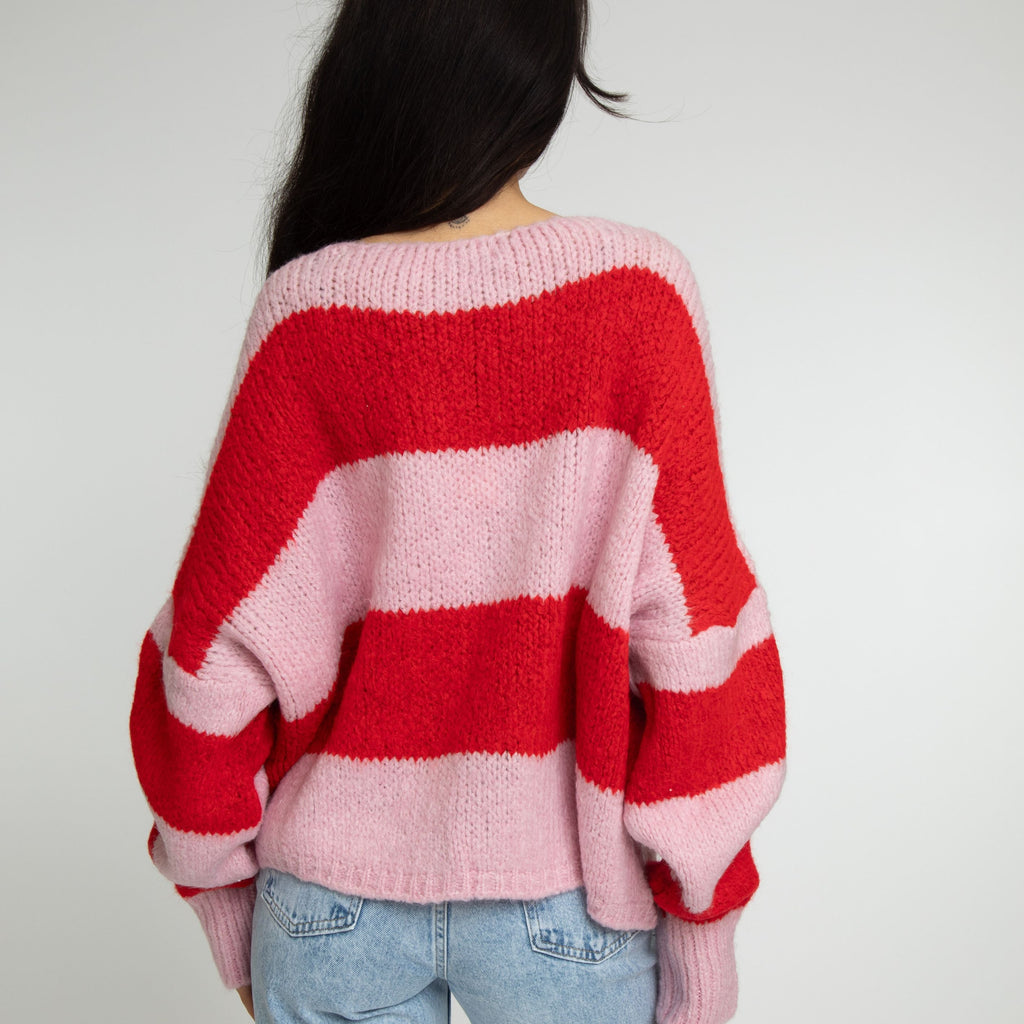 Cardigan à rayures, col en V et nœuds