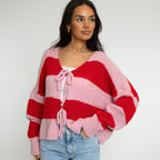 Cardigan à rayures, col en V et nœuds