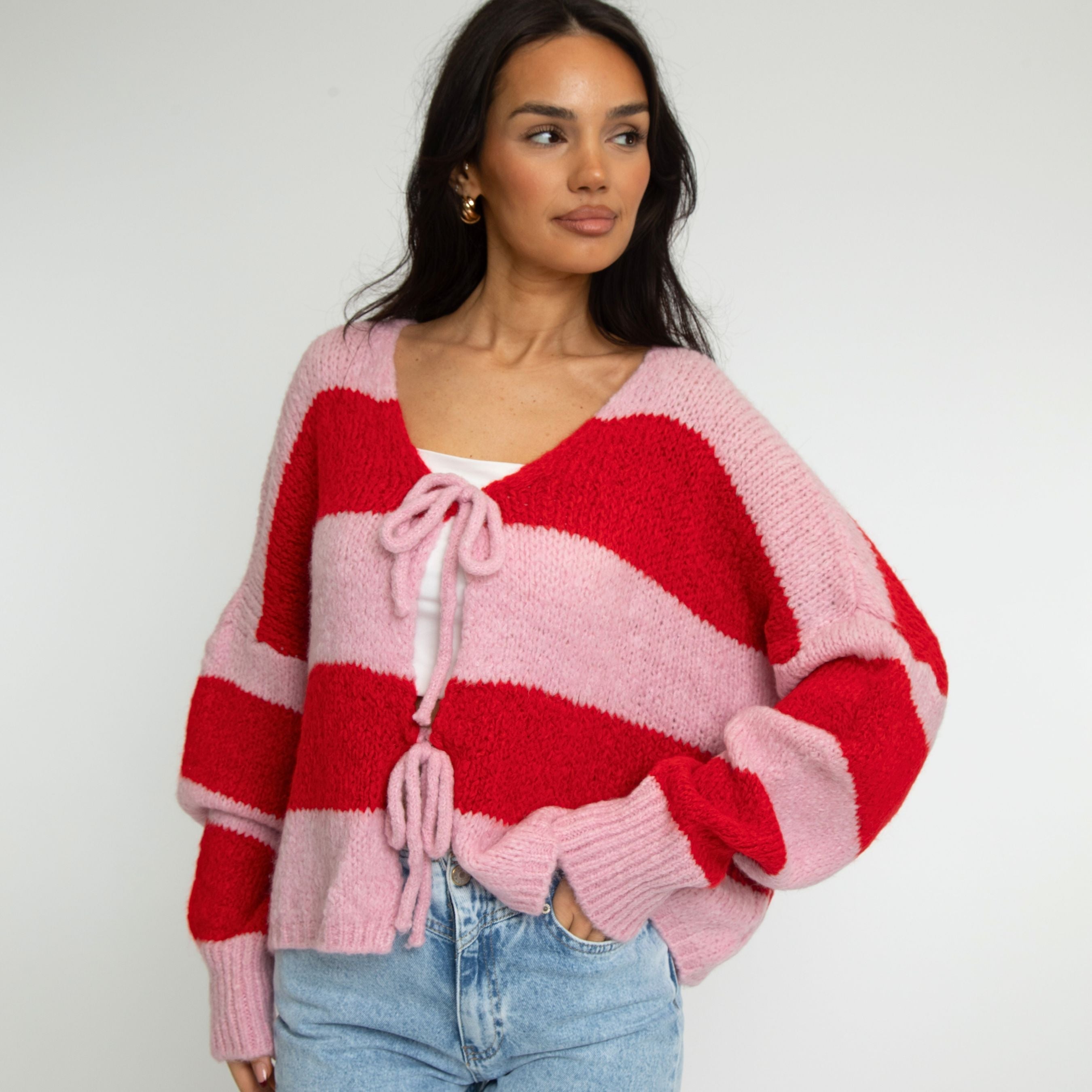 Cardigan à rayures, col en V et nœuds