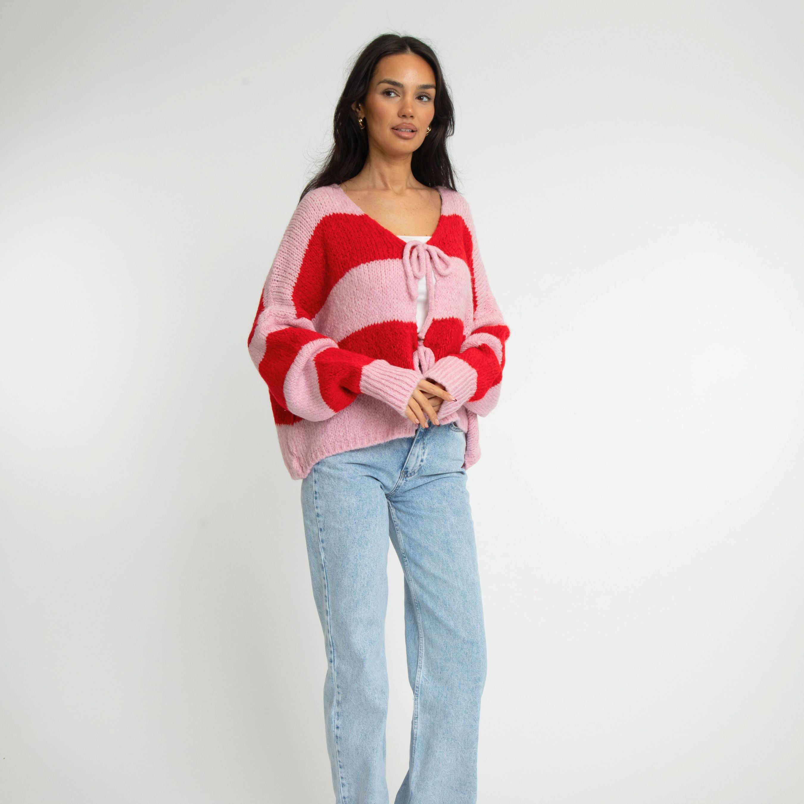 Cardigan à rayures, col en V et nœuds