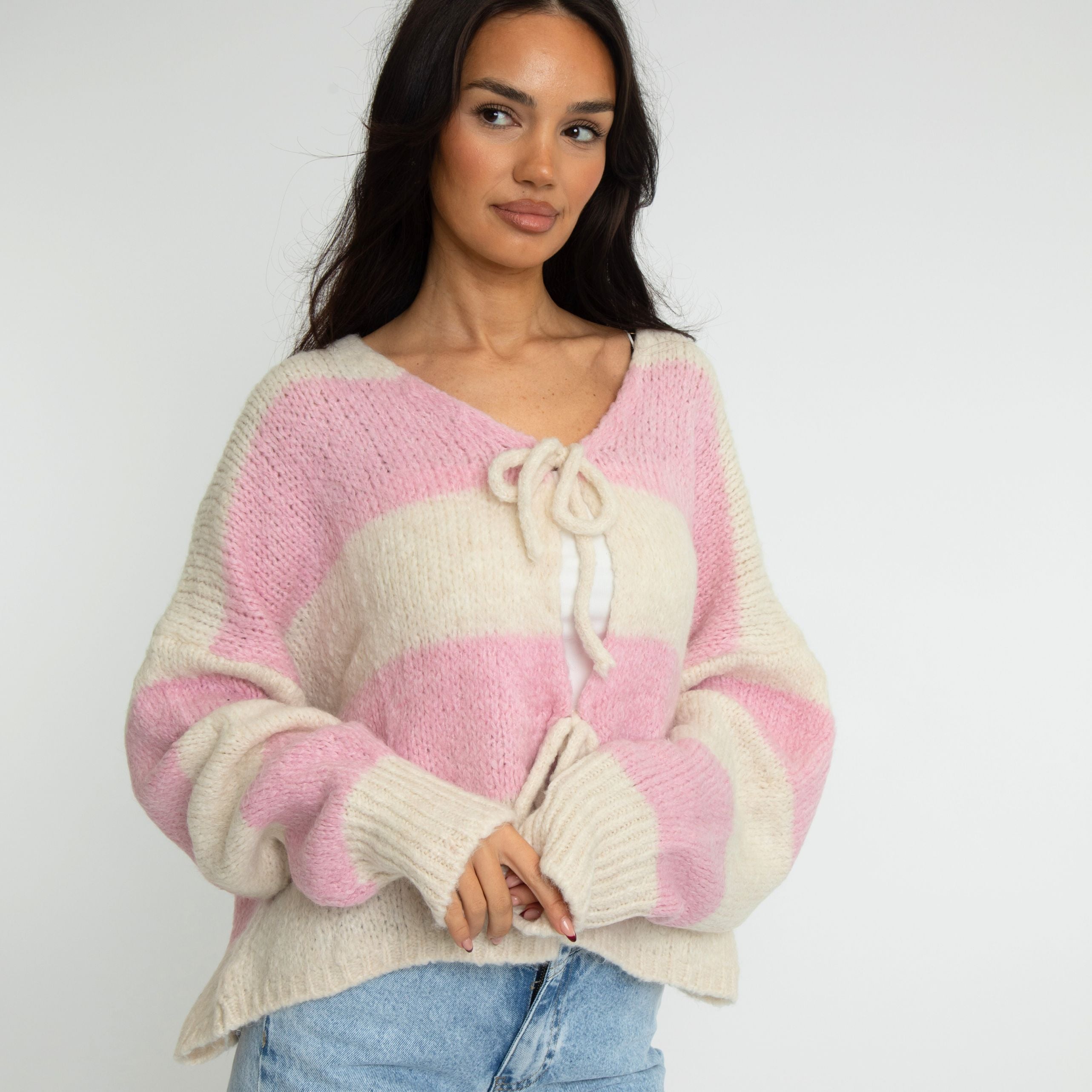 Cardigan à rayures, col en V et nœuds
