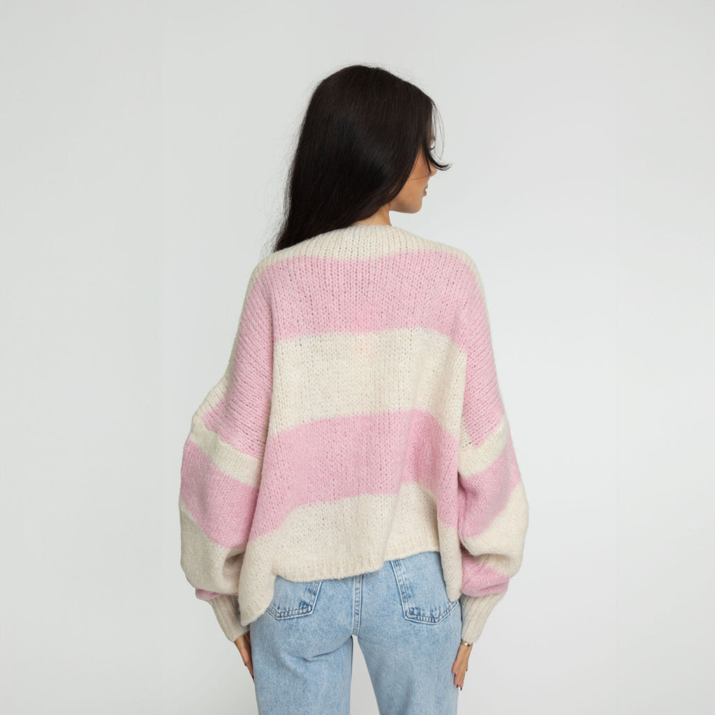 Cardigan à rayures, col en V et nœuds