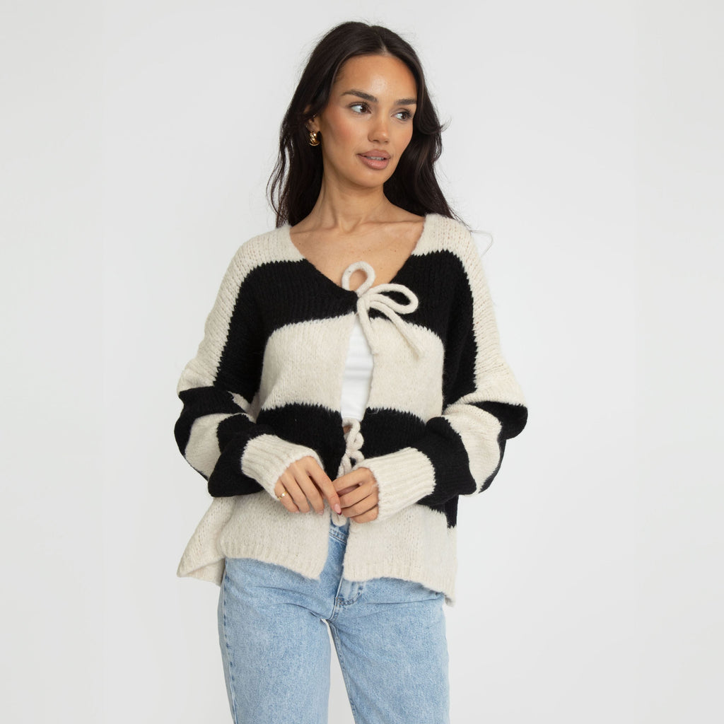 Cardigan à rayures, col en V et nœuds