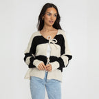Cardigan à rayures, col en V et nœuds