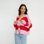 Cardigan à rayures, col en V et nœuds