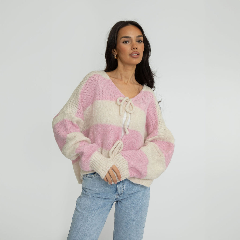Cardigan à rayures, col en V et nœuds