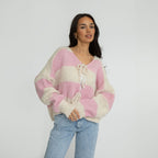 Cardigan à rayures, col en V et nœuds