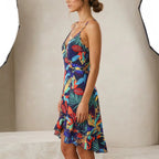Robe d’Été Femme – Imprimé Floral, Décolleté en V, Bretelles Fines Ajustables & Volants Élégants