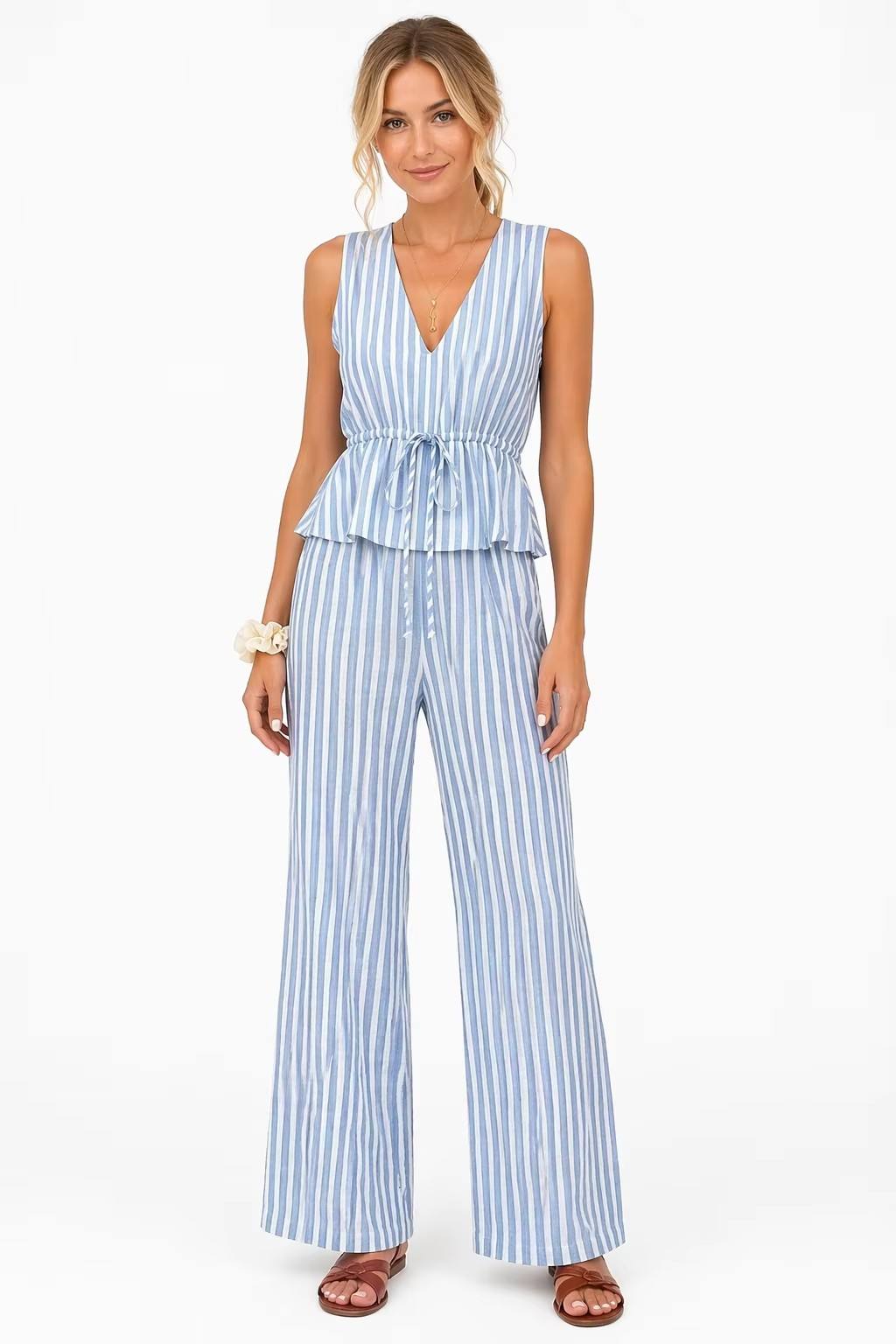 Ensemble 2 Pièces Rayé — Top Péplum & Pantalon Large