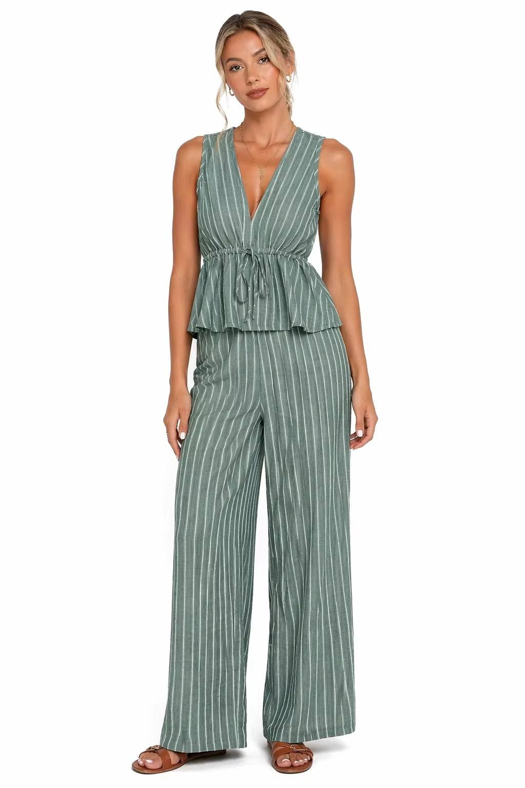 Ensemble 2 Pièces Rayé — Top Péplum & Pantalon Large