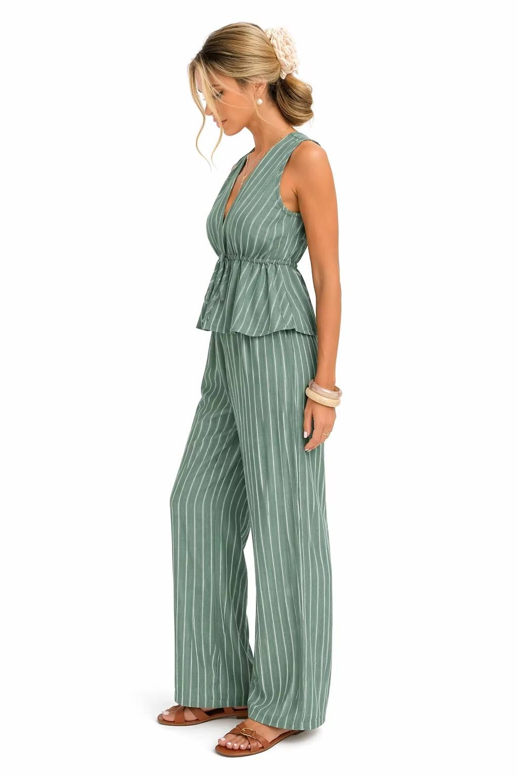 Ensemble 2 Pièces Rayé — Top Péplum & Pantalon Large
