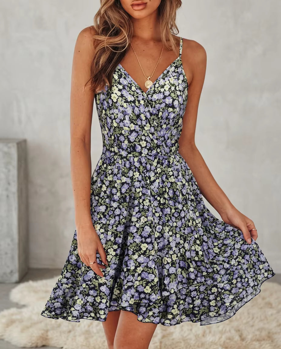 Robe d’Été Femme – Imprimé Floral, Décolleté en V, Bretelles Fines Ajustables & Volants Élégants