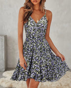 Robe d’Été Femme – Imprimé Floral, Décolleté en V, Bretelles Fines Ajustables & Volants Élégants