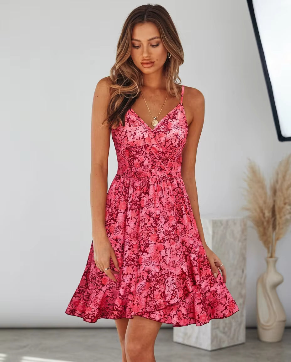 Robe d’Été Femme – Imprimé Floral, Décolleté en V, Bretelles Fines Ajustables & Volants Élégants