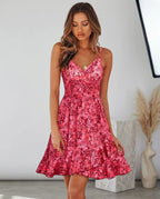Robe d’Été Femme – Imprimé Floral, Décolleté en V, Bretelles Fines Ajustables & Volants Élégants
