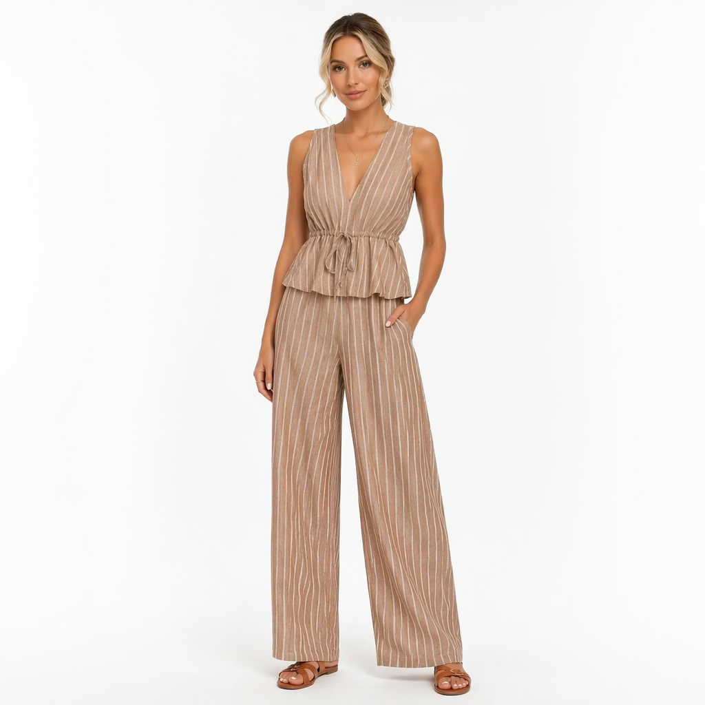 Ensemble 2 Pièces Rayé — Top Péplum & Pantalon Large