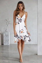 Robe d’Été Femme – Imprimé Floral, Décolleté en V, Bretelles Fines Ajustables & Volants Élégants