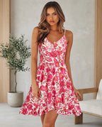 Robe d’Été Femme – Imprimé Floral, Décolleté en V, Bretelles Fines Ajustables & Volants Élégants