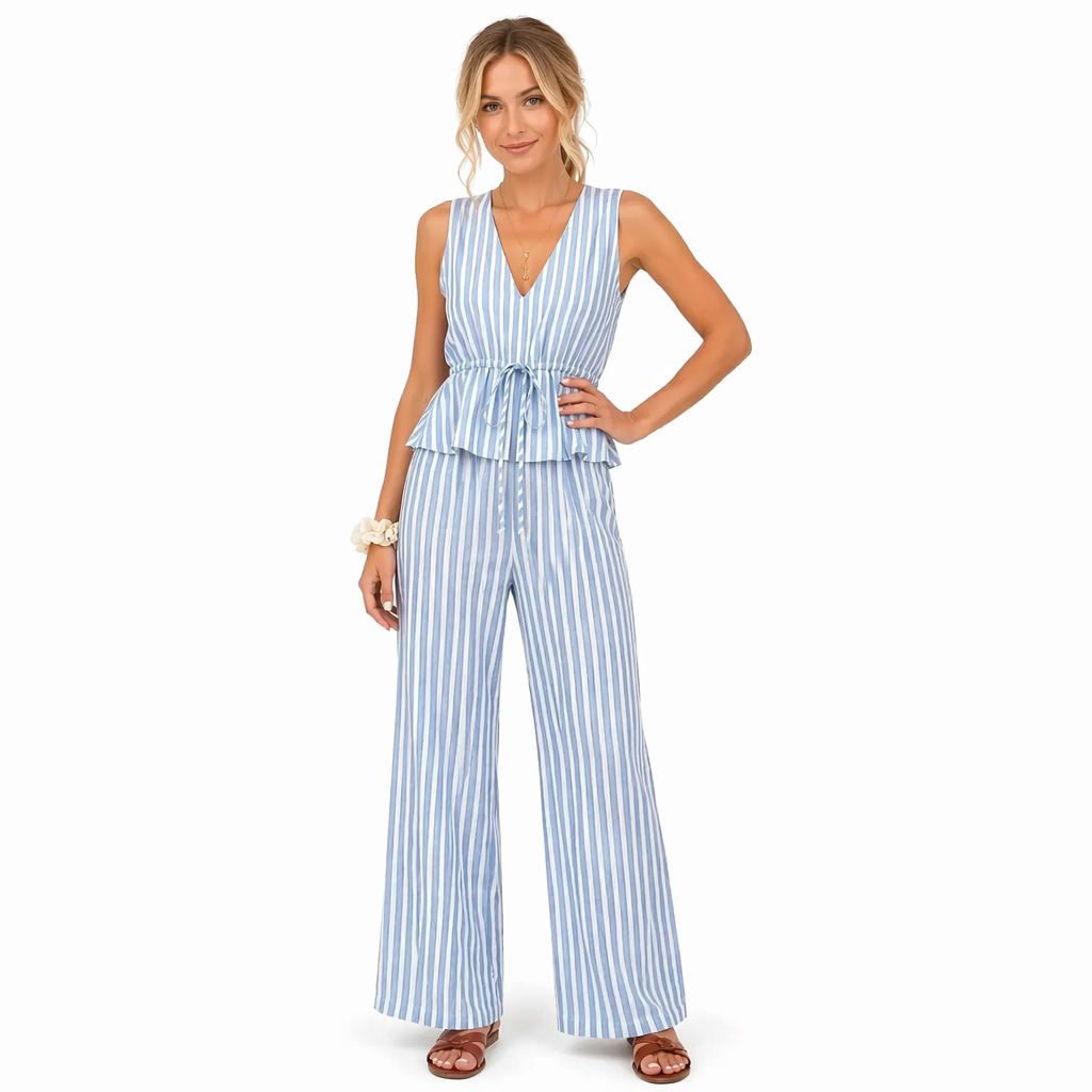 Ensemble 2 Pièces Rayé — Top Péplum & Pantalon Large