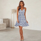 Robe d’Été Femme – Imprimé Floral, Décolleté en V, Bretelles Fines Ajustables & Volants Élégants
