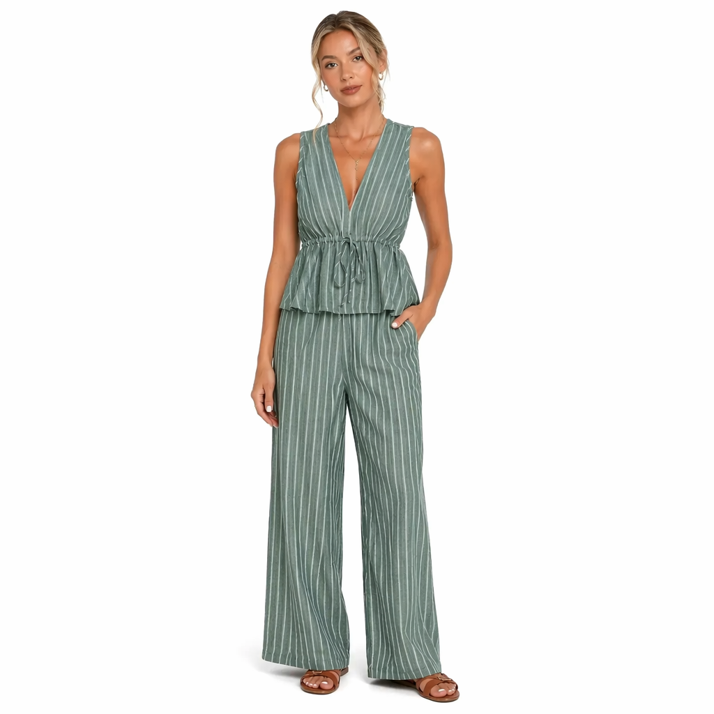 Ensemble 2 Pièces Rayé — Top Péplum & Pantalon Large