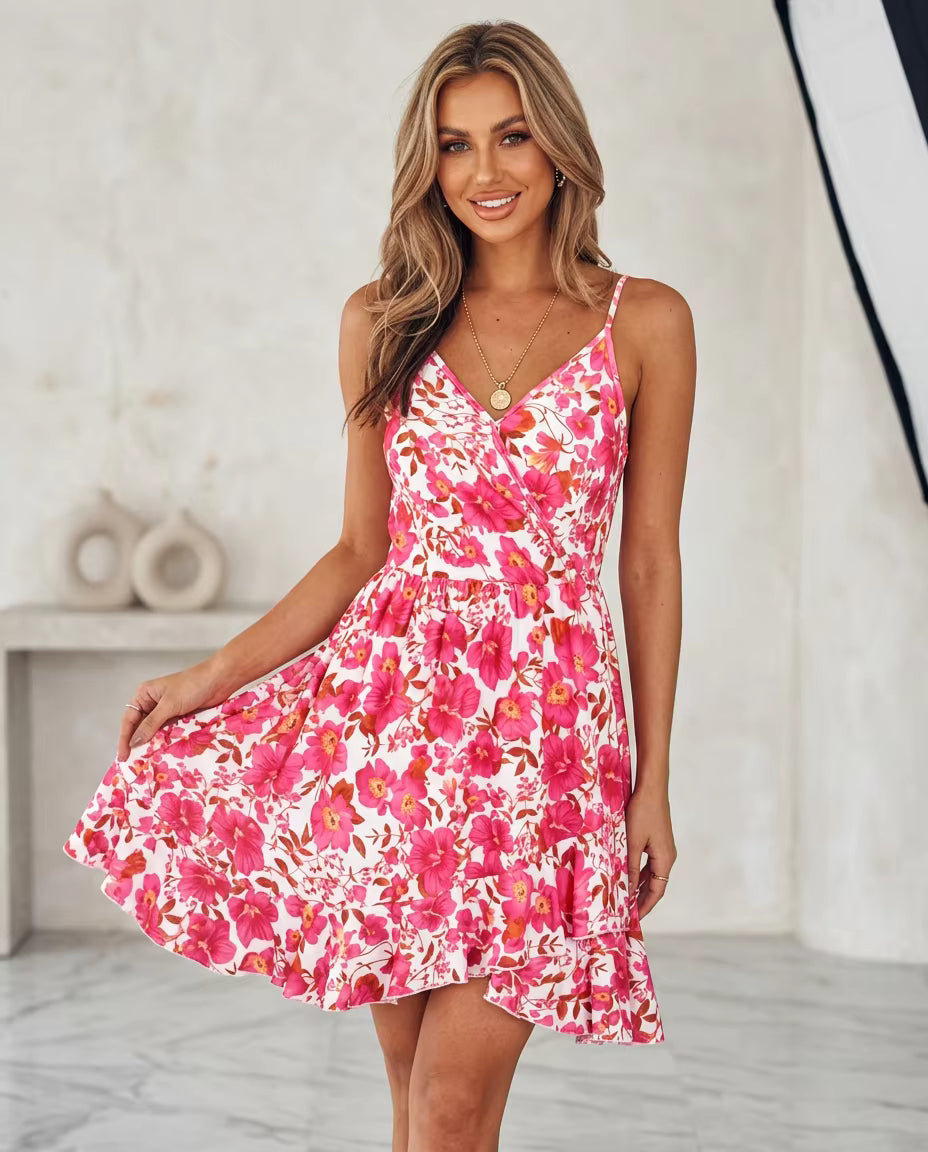 Robe d’Été Femme – Imprimé Floral, Décolleté en V, Bretelles Fines Ajustables & Volants Élégants
