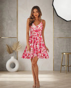 Robe d’Été Femme – Imprimé Floral, Décolleté en V, Bretelles Fines Ajustables & Volants Élégants