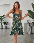 Robe d’Été Femme – Imprimé Floral, Décolleté en V, Bretelles Fines Ajustables & Volants Élégants