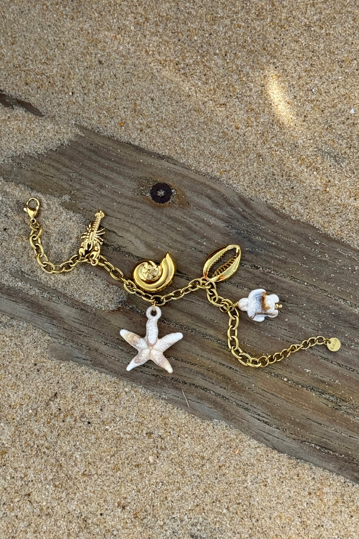 Bracelet chaine dorée avec breloques coquillages et étoile de mer