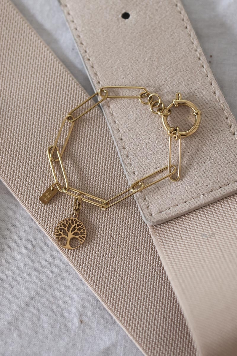 Bracelet grosse maille fine dorée avec anneau