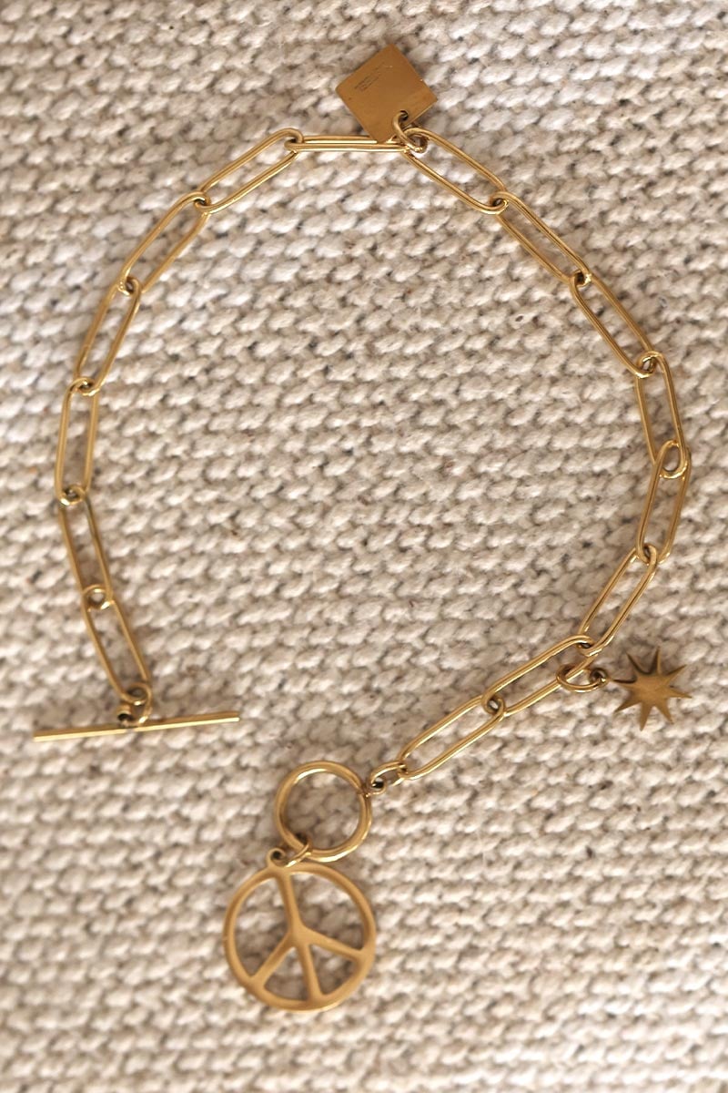 Bracelet grosses maille dorée pendentif peace and love