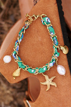 Bracelet maille dorée et tissu torsade turquoise imprimé pendentifs coquillages et perles d'eau douce