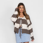 Cardigan à rayures, col en V et nœuds