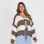 Cardigan à rayures, col en V et nœuds