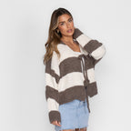 Cardigan à rayures, col en V et nœuds