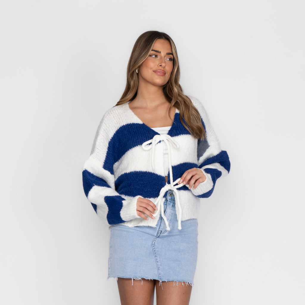 Cardigan à rayures, col en V et nœuds