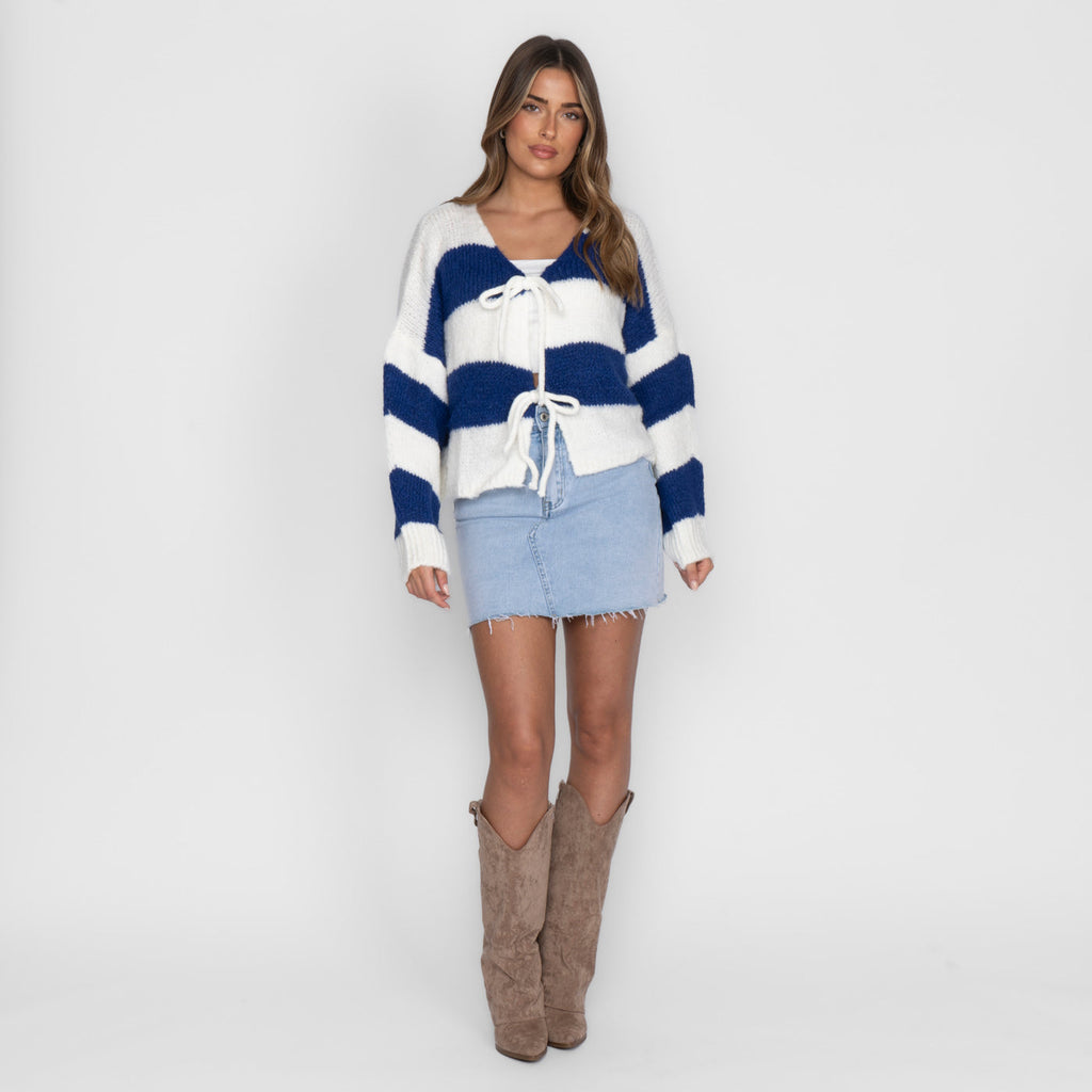 Cardigan à rayures, col en V et nœuds