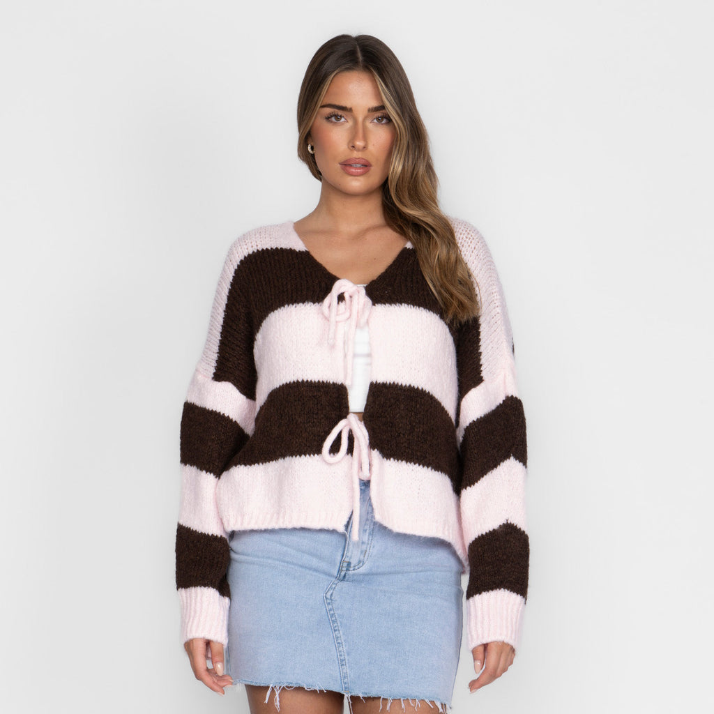 Cardigan à rayures, col en V et nœuds