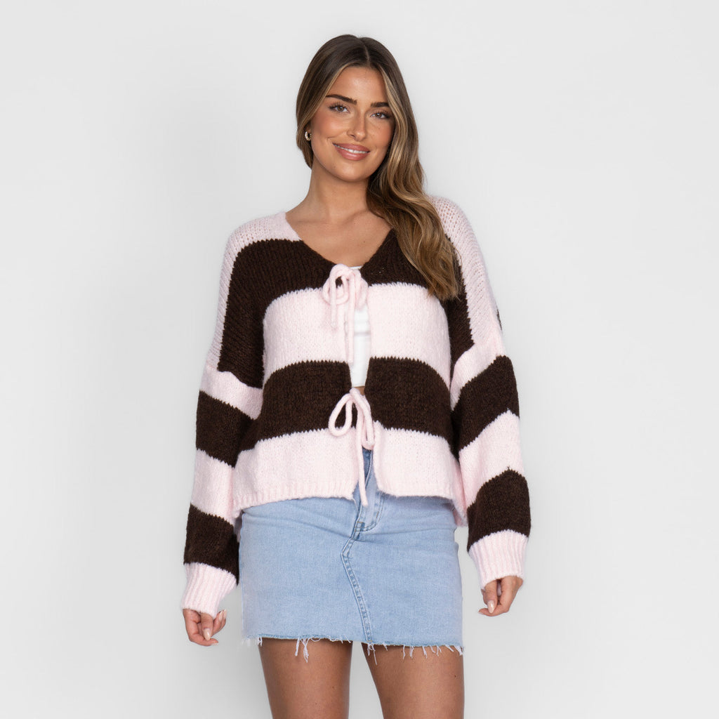 Cardigan à rayures, col en V et nœuds
