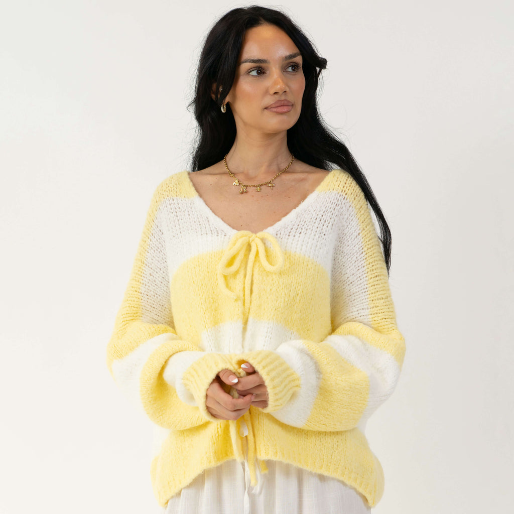 Cardigan à rayures, col en V et nœuds