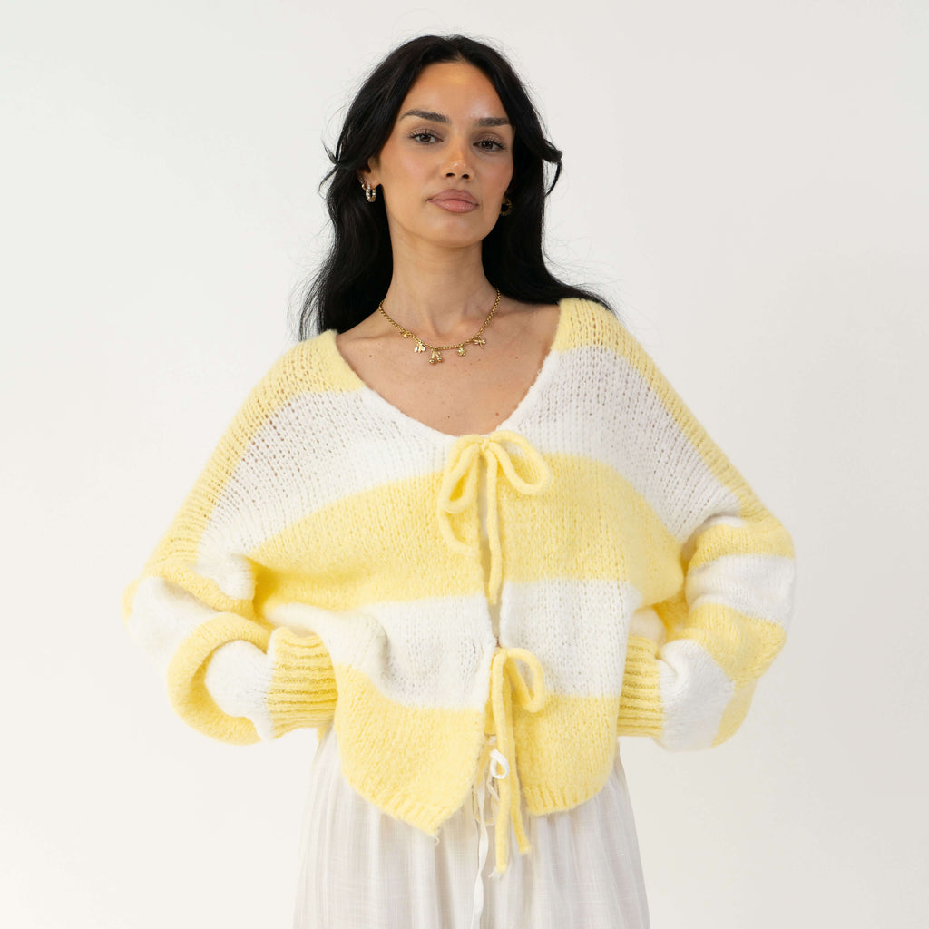 Cardigan à rayures, col en V et nœuds