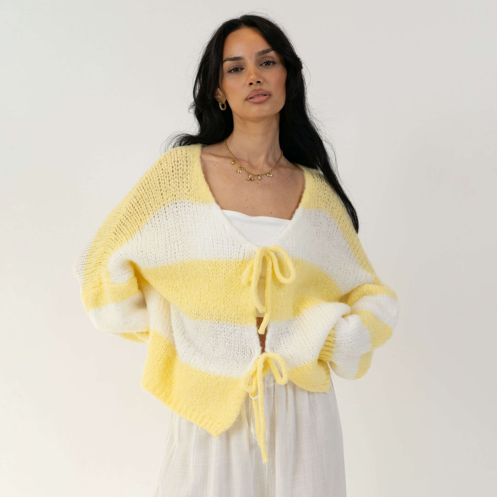Cardigan à rayures, col en V et nœuds