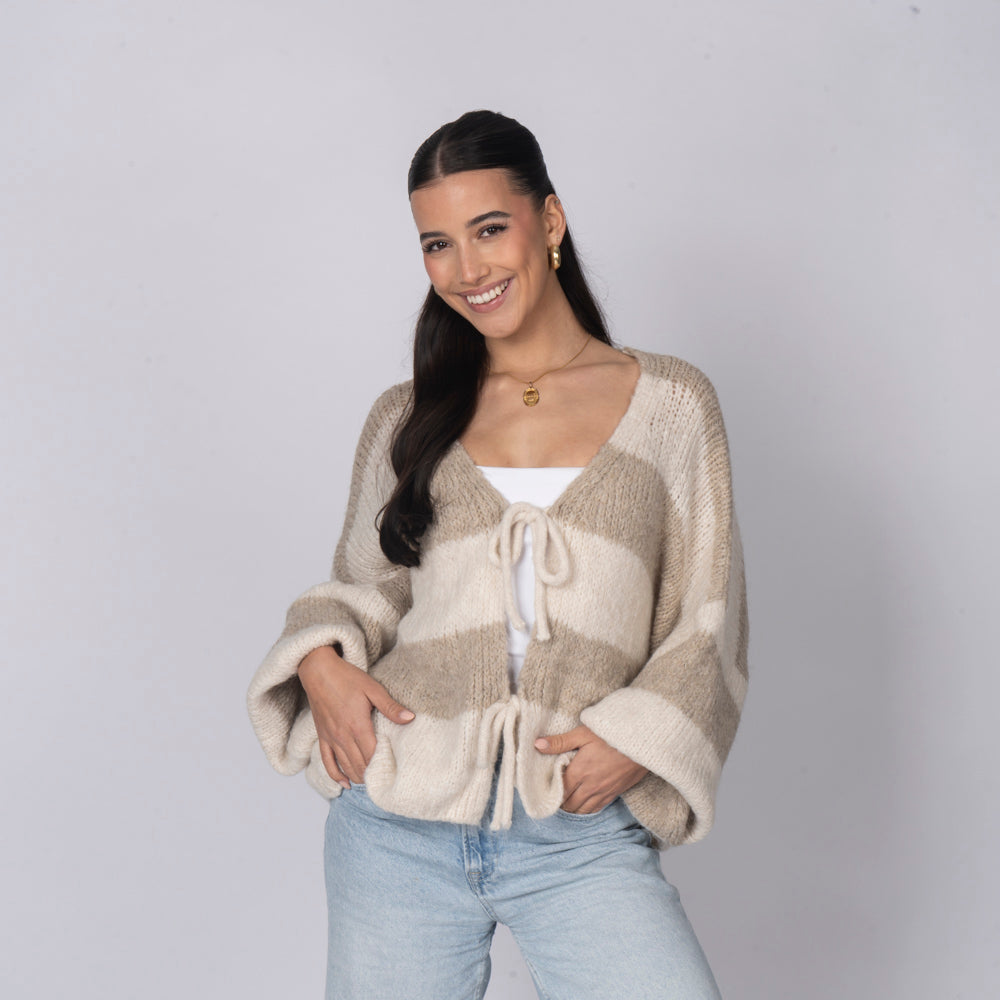 Cardigan à rayures, col en V et nœuds