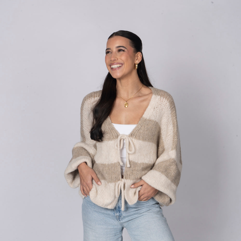 Cardigan à rayures, col en V et nœuds
