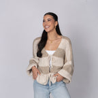 Cardigan à rayures, col en V et nœuds