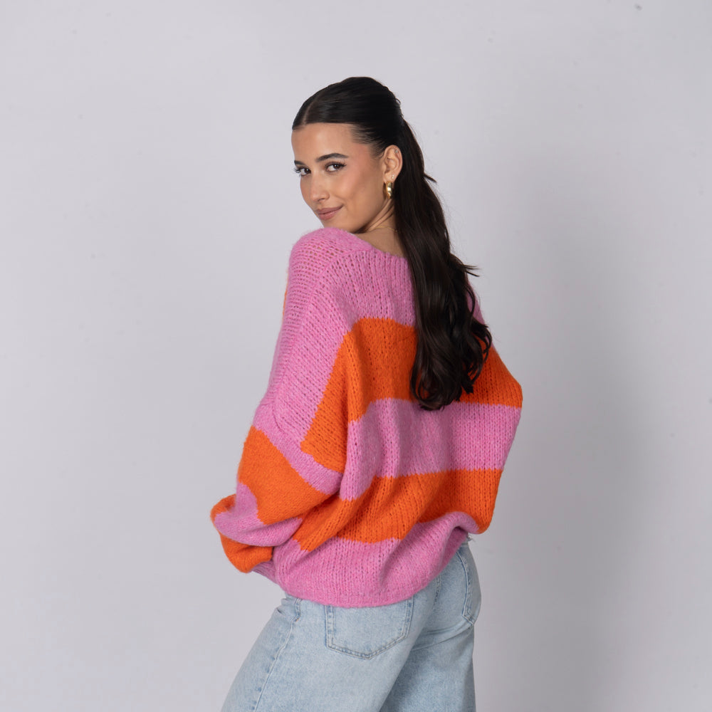 Cardigan à rayures, col en V et nœuds